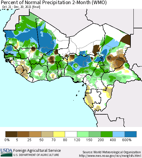 Western Africa Percent of Normal Precipitation 2-Month (WMO) Thematic Map For 10/21/2021 - 12/20/2021