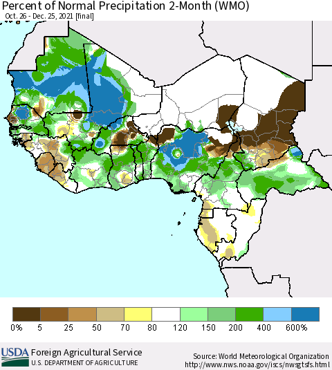 Western Africa Percent of Normal Precipitation 2-Month (WMO) Thematic Map For 10/26/2021 - 12/25/2021