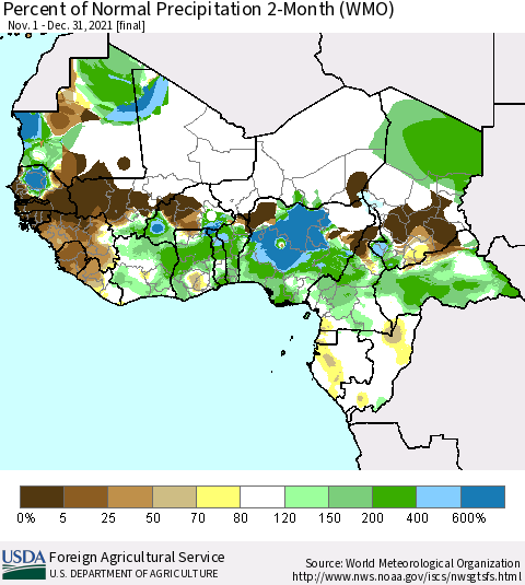 Western Africa Percent of Normal Precipitation 2-Month (WMO) Thematic Map For 11/1/2021 - 12/31/2021