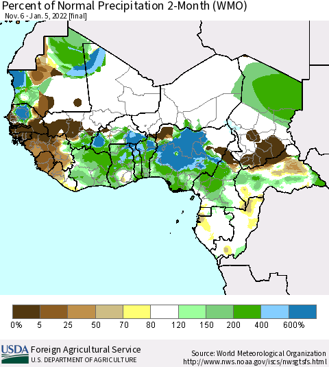 Western Africa Percent of Normal Precipitation 2-Month (WMO) Thematic Map For 11/6/2021 - 1/5/2022