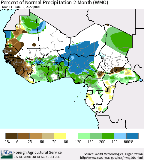 Western Africa Percent of Normal Precipitation 2-Month (WMO) Thematic Map For 11/11/2021 - 1/10/2022