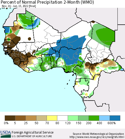Western Africa Percent of Normal Precipitation 2-Month (WMO) Thematic Map For 11/16/2021 - 1/15/2022