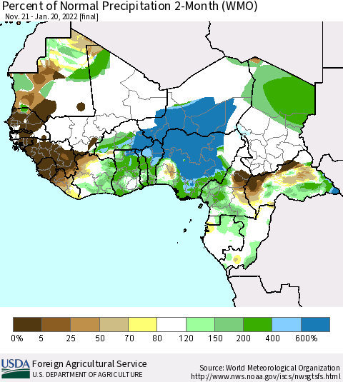 Western Africa Percent of Normal Precipitation 2-Month (WMO) Thematic Map For 11/21/2021 - 1/20/2022