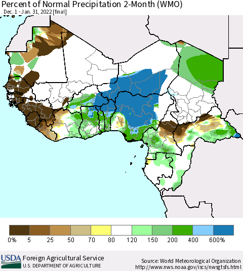 Western Africa Percent of Normal Precipitation 2-Month (WMO) Thematic Map For 12/1/2021 - 1/31/2022