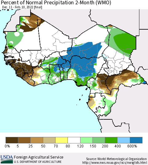 Western Africa Percent of Normal Precipitation 2-Month (WMO) Thematic Map For 12/11/2021 - 2/10/2022