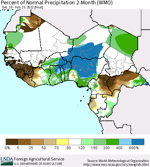 Western Africa Percent of Normal Precipitation 2-Month (WMO) Thematic Map For 12/16/2021 - 2/15/2022