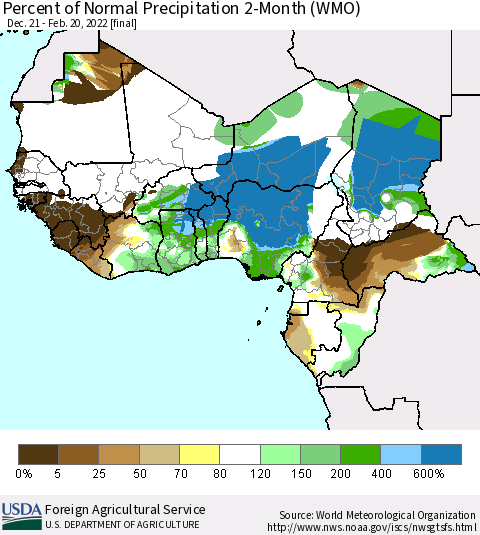 Western Africa Percent of Normal Precipitation 2-Month (WMO) Thematic Map For 12/21/2021 - 2/20/2022