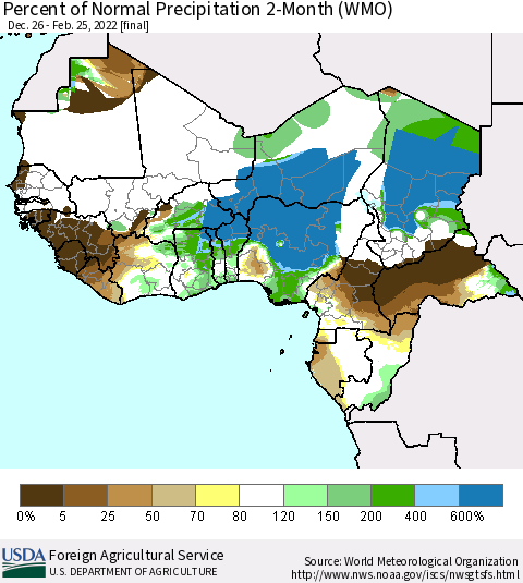 Western Africa Percent of Normal Precipitation 2-Month (WMO) Thematic Map For 12/26/2021 - 2/25/2022