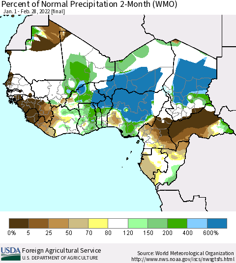 Western Africa Percent of Normal Precipitation 2-Month (WMO) Thematic Map For 1/1/2022 - 2/28/2022