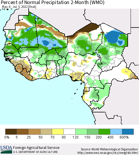 Western Africa Percent of Normal Precipitation 2-Month (WMO) Thematic Map For 5/6/2022 - 7/5/2022