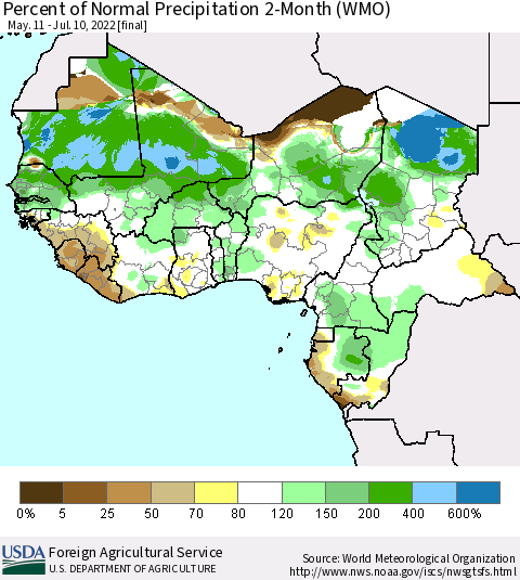 Western Africa Percent of Normal Precipitation 2-Month (WMO) Thematic Map For 5/11/2022 - 7/10/2022