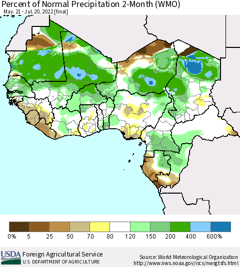 Western Africa Percent of Normal Precipitation 2-Month (WMO) Thematic Map For 5/21/2022 - 7/20/2022
