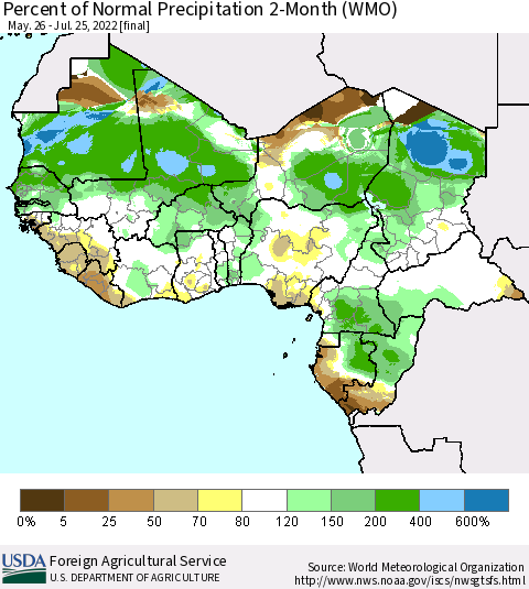 Western Africa Percent of Normal Precipitation 2-Month (WMO) Thematic Map For 5/26/2022 - 7/25/2022