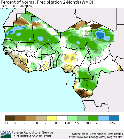 Western Africa Percent of Normal Precipitation 2-Month (WMO) Thematic Map For 6/1/2022 - 7/31/2022