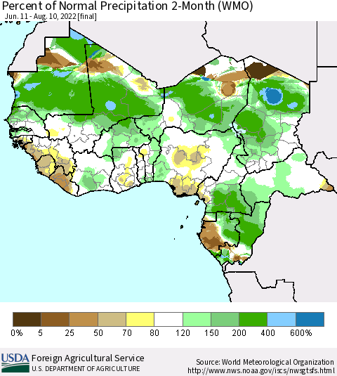 Western Africa Percent of Normal Precipitation 2-Month (WMO) Thematic Map For 6/11/2022 - 8/10/2022