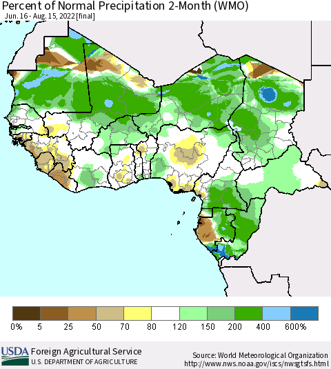 Western Africa Percent of Normal Precipitation 2-Month (WMO) Thematic Map For 6/16/2022 - 8/15/2022