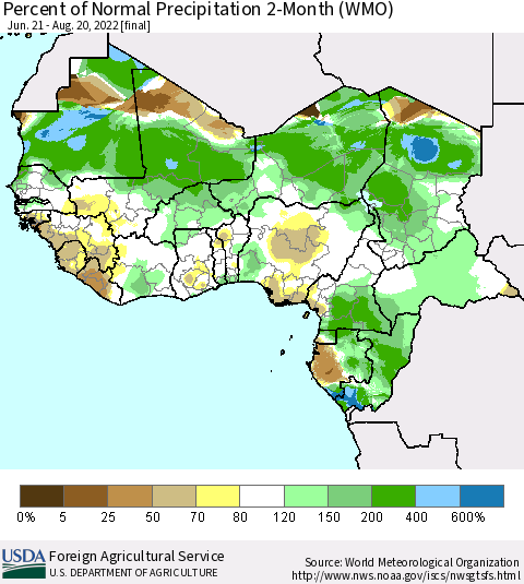 Western Africa Percent of Normal Precipitation 2-Month (WMO) Thematic Map For 6/21/2022 - 8/20/2022