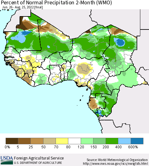 Western Africa Percent of Normal Precipitation 2-Month (WMO) Thematic Map For 6/26/2022 - 8/25/2022