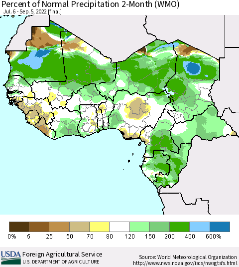 Western Africa Percent of Normal Precipitation 2-Month (WMO) Thematic Map For 7/6/2022 - 9/5/2022