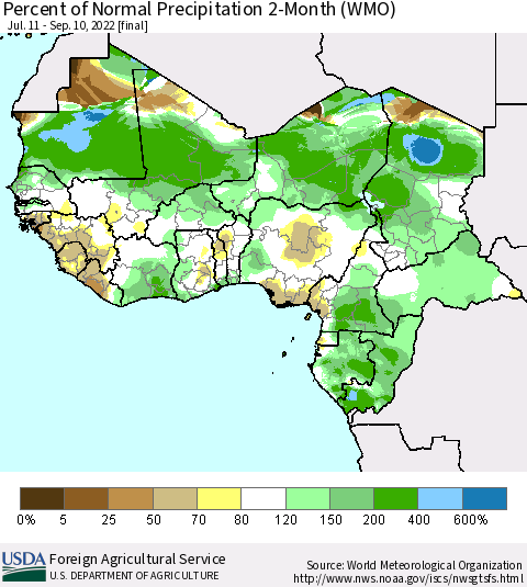 Western Africa Percent of Normal Precipitation 2-Month (WMO) Thematic Map For 7/11/2022 - 9/10/2022