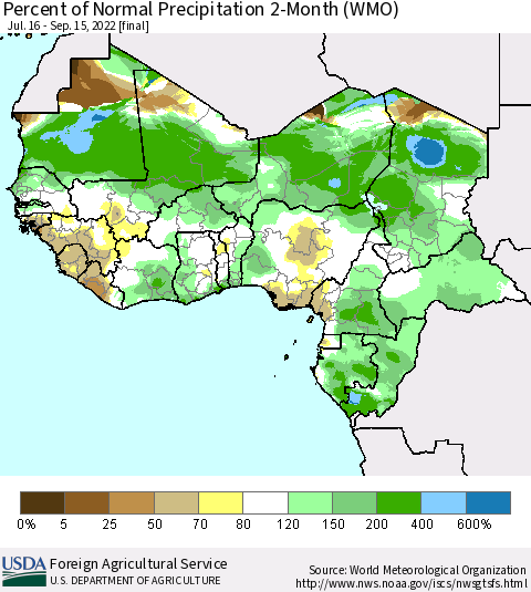 Western Africa Percent of Normal Precipitation 2-Month (WMO) Thematic Map For 7/16/2022 - 9/15/2022