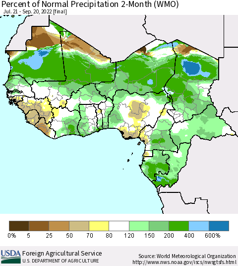 Western Africa Percent of Normal Precipitation 2-Month (WMO) Thematic Map For 7/21/2022 - 9/20/2022