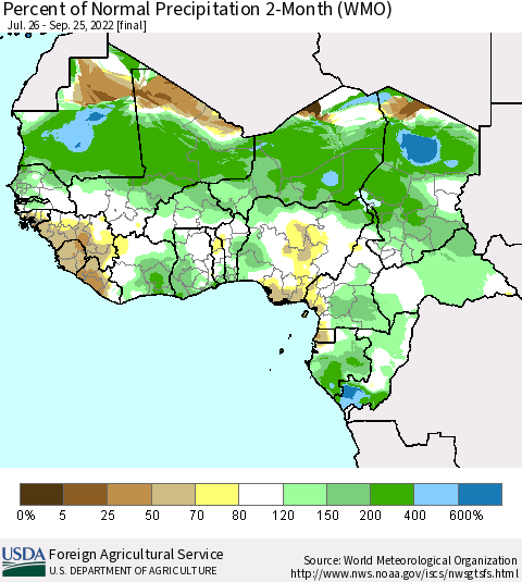 Western Africa Percent of Normal Precipitation 2-Month (WMO) Thematic Map For 7/26/2022 - 9/25/2022