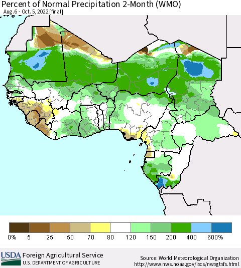 Western Africa Percent of Normal Precipitation 2-Month (WMO) Thematic Map For 8/6/2022 - 10/5/2022