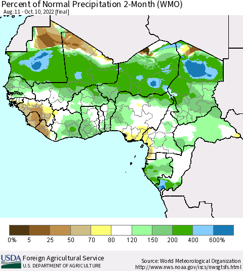 Western Africa Percent of Normal Precipitation 2-Month (WMO) Thematic Map For 8/11/2022 - 10/10/2022