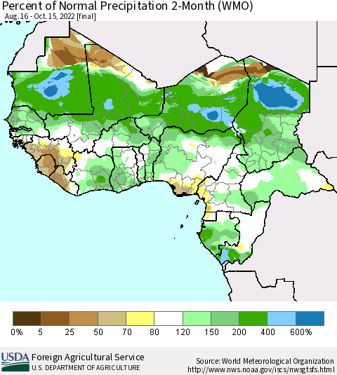 Western Africa Percent of Normal Precipitation 2-Month (WMO) Thematic Map For 8/16/2022 - 10/15/2022