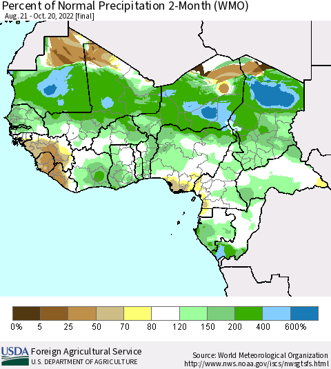Western Africa Percent of Normal Precipitation 2-Month (WMO) Thematic Map For 8/21/2022 - 10/20/2022