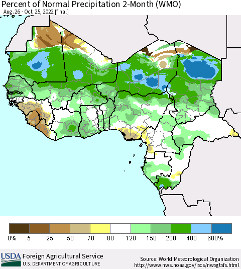 Western Africa Percent of Normal Precipitation 2-Month (WMO) Thematic Map For 8/26/2022 - 10/25/2022