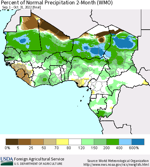 Western Africa Percent of Normal Precipitation 2-Month (WMO) Thematic Map For 9/1/2022 - 10/31/2022