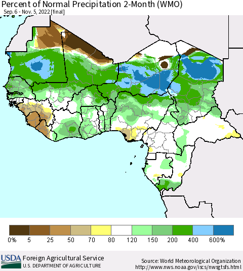 Western Africa Percent of Normal Precipitation 2-Month (WMO) Thematic Map For 9/6/2022 - 11/5/2022