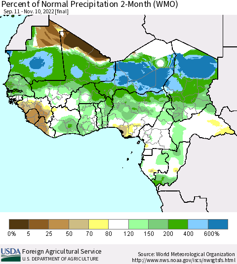 Western Africa Percent of Normal Precipitation 2-Month (WMO) Thematic Map For 9/11/2022 - 11/10/2022