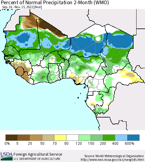 Western Africa Percent of Normal Precipitation 2-Month (WMO) Thematic Map For 9/16/2022 - 11/15/2022