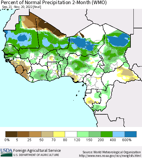 Western Africa Percent of Normal Precipitation 2-Month (WMO) Thematic Map For 9/21/2022 - 11/20/2022