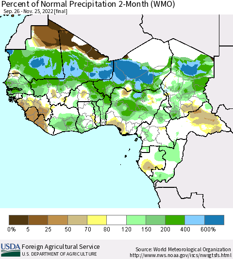 Western Africa Percent of Normal Precipitation 2-Month (WMO) Thematic Map For 9/26/2022 - 11/25/2022