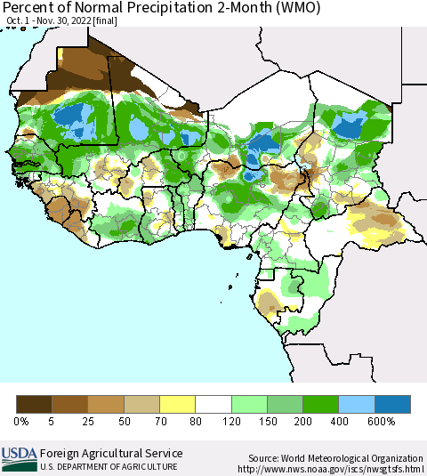 Western Africa Percent of Normal Precipitation 2-Month (WMO) Thematic Map For 10/1/2022 - 11/30/2022