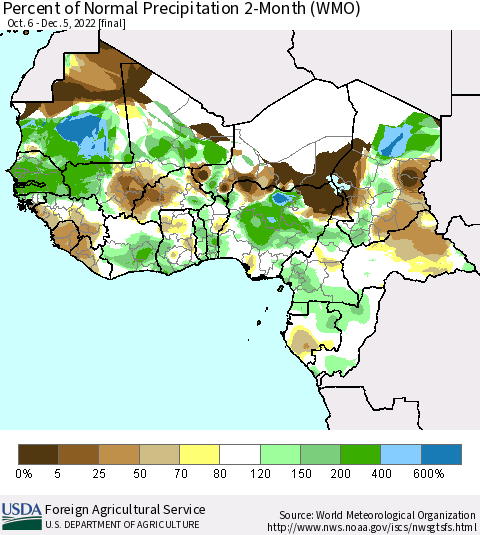 Western Africa Percent of Normal Precipitation 2-Month (WMO) Thematic Map For 10/6/2022 - 12/5/2022