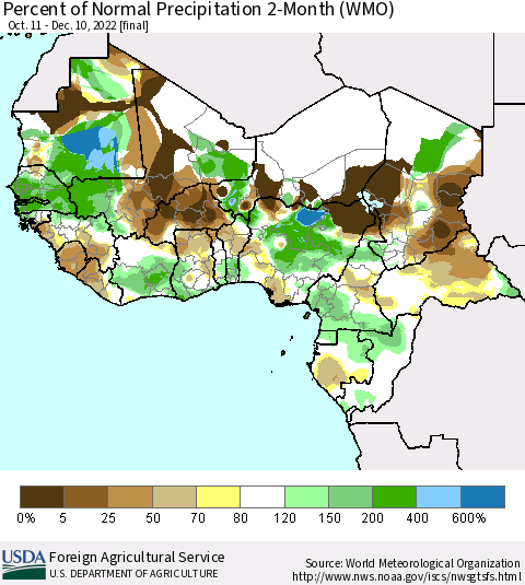 Western Africa Percent of Normal Precipitation 2-Month (WMO) Thematic Map For 10/11/2022 - 12/10/2022