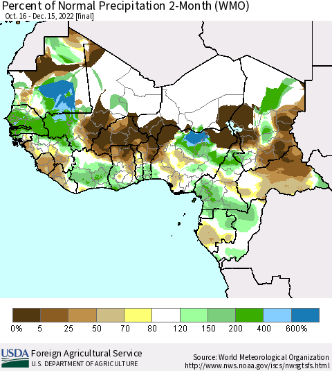 Western Africa Percent of Normal Precipitation 2-Month (WMO) Thematic Map For 10/16/2022 - 12/15/2022