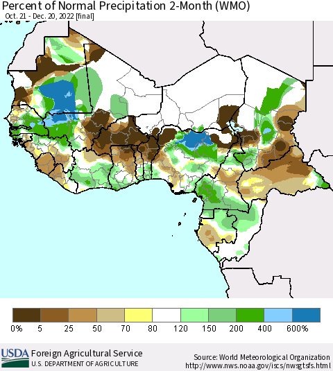 Western Africa Percent of Normal Precipitation 2-Month (WMO) Thematic Map For 10/21/2022 - 12/20/2022