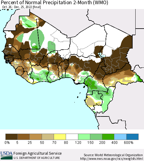Western Africa Percent of Normal Precipitation 2-Month (WMO) Thematic Map For 10/26/2022 - 12/25/2022