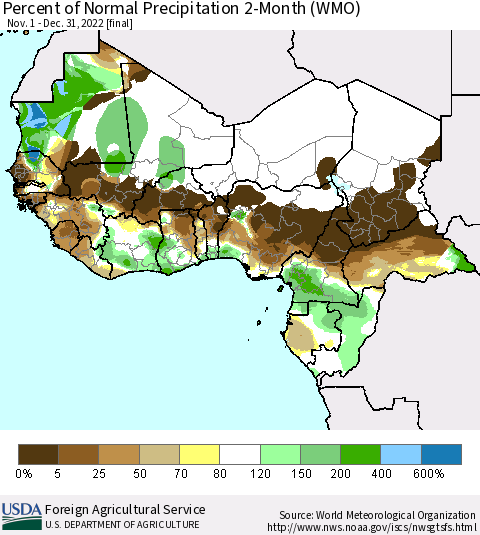 Western Africa Percent of Normal Precipitation 2-Month (WMO) Thematic Map For 11/1/2022 - 12/31/2022