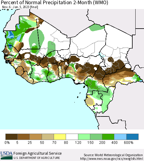 Western Africa Percent of Normal Precipitation 2-Month (WMO) Thematic Map For 11/6/2022 - 1/5/2023
