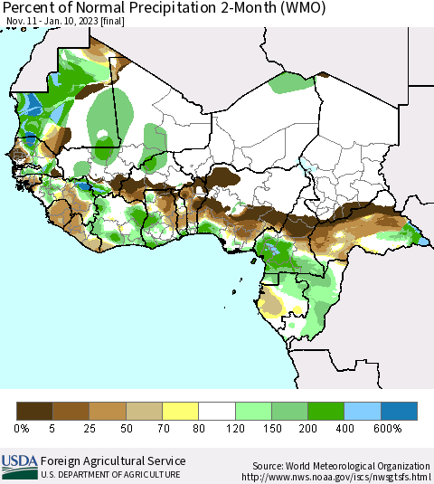 Western Africa Percent of Normal Precipitation 2-Month (WMO) Thematic Map For 11/11/2022 - 1/10/2023