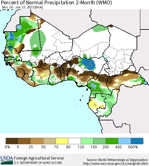 Western Africa Percent of Normal Precipitation 2-Month (WMO) Thematic Map For 11/16/2022 - 1/15/2023
