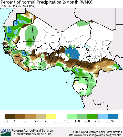 Western Africa Percent of Normal Precipitation 2-Month (WMO) Thematic Map For 11/26/2022 - 1/25/2023