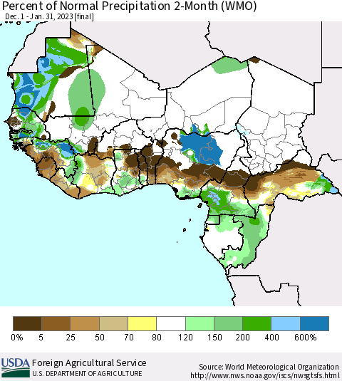 Western Africa Percent of Normal Precipitation 2-Month (WMO) Thematic Map For 12/1/2022 - 1/31/2023